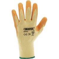 Orange latex-coated work gloves, large, with beige fabric back and Draper logo on the wrist.