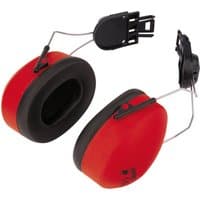 Red Draper helmet attachable ear defenders with black padding and adjustable metal arms.