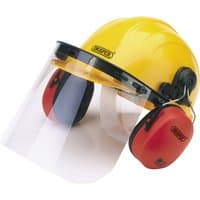 Yellow Draper safety helmet with clear visor and red ear muffs attached.