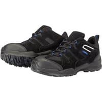 Black Draper trainer-style safety shoe, size 4, with blue accents, reinforced toe, and rugged sole.