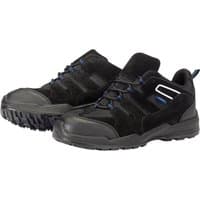 Black Draper Trainer Style Safety Shoe, Size 5, with blue accents, padded collar, and rugged sole.
