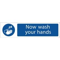 Blue and white "Now wash your hands" sign with handwashing icon and faucet graphic.