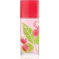 Pink bottle of Elizabeth Arden Green Tea Lychee Lime Eau de Toilette with red cap, featuring lychee and lime graphics.