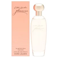 Estée Lauder Pleasures perfume, 100ml, clear oval bottle with silver cap, peach box with elegant script.