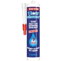 Clear Evo-stik 1 Hour Shower Sealant, 310ml tube with blue label, red cap, and applicator nozzle.