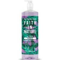 Lavender Faith in Nature shampoo bottle with green leaf design and pump dispenser, 1L size.
