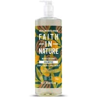 Faith in Nature Shea & Argan Shampoo 1L with green and yellow leaf design and pump dispenser.