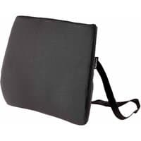 Black Fellowes back support cushion with adjustable strap for office chair comfort.