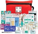 Red General Medi first aid kit with cross logo, includes scissors, foil blanket, bandages, and various medical supplies.