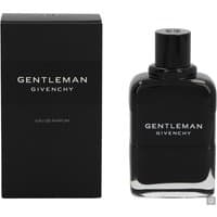 Black Givenchy Gentleman Eau de Parfum 100ml bottle with matching black box, sleek and elegant design.