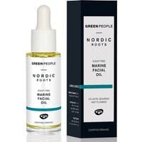 Green People Nordic Roots Marine Facial Oil 30ml with dropper, clear bottle, black cap, and matching black box packaging.