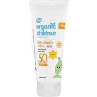 White tube of Green People Organic Children Sun Cream SPF 50, lavender scent, with playful sun and leaf illustrations.