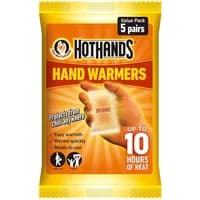 HotHands hand warmer pack, orange and yellow, 5 pairs, promises up to 10 hours of heat, easy to use, pocket-sized.