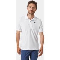 White Helly Hansen polo shirt, short sleeves, black logo on chest, worn by male model, size 2XL.