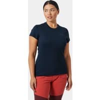 Navy Helly Hansen women's technical T-shirt with short sleeves and fitted design, worn by model.