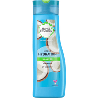 Blue Herbal Essences Hello Hydration Shampoo bottle, 400ml, with coconut images and green cap.