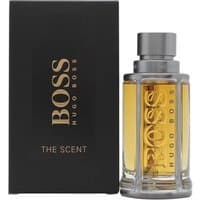 Hugo Boss Boss The Scent Eau de Toilette 50ml, amber liquid in a sleek glass bottle with silver cap, black box packaging.
