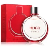 Clear round bottle of Hugo Boss HUGO Woman Eau De Parfum, 50ml, with red accents and matching red box.