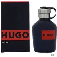 Navy blue Hugo Boss Jeans Eau de Toilette Spray 75ml bottle with silver cap and red logo, next to matching box.