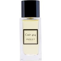 Clear glass bottle of Indult Cuir 404 Eau de Parfum with black cap and beige label, unisex leather fragrance.