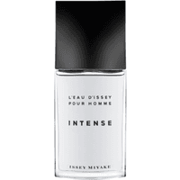 Clear glass bottle with black cap, labeled "L'Eau D'Issey Pour Homme Intense" by Issey Miyake, 125ml.