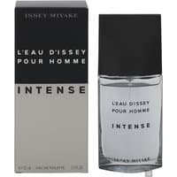 Issey Miyake L'Eau D'Issey Homme Intense 75ml, sleek glass bottle with black cap, matching black and gray box.