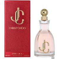 Jimmy Choo I Want Choo Eau de Parfum 100ml, clear bottle with gold cap, red box with gold logo and text.