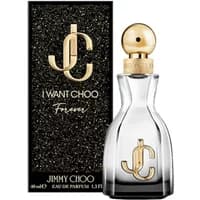 Jimmy Choo I Want Choo Forever Eau De Parfum 60ml, clear bottle with gold cap and logo, black glittery box.