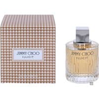 Jimmy Choo Illicit Eau de Parfum 100ml, clear glass bottle with silver cap, next to patterned gold box.