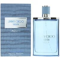 Blue Jimmy Choo Man Aqua Eau De Toilette 100ml bottle with silver cap and matching textured box.