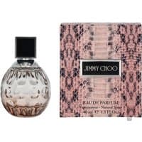 Jimmy Choo Woman Eau de Parfum 40ml, round glass bottle with black cap, pink snakeskin-patterned box.