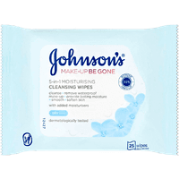 Johnson's Make-Up Be Gone 5in1 Cleansing Wipes pack, light blue with floral design, 25 pieces, dermatologically tested