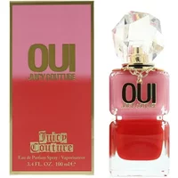 Juicy Couture Oui Eau De Parfum 100ml, pink and red bottle with crystal cap, gold lettering on box and bottle.