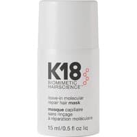 White K18 Leave-In Molecular Repair Hair Mask bottle, 15ml, with black and red text.