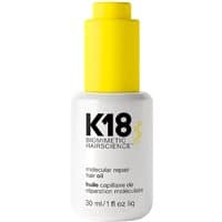 K18 Molecular Repair Hair Oil 30ml, white bottle with yellow cap and black text detailing.