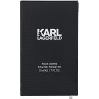 Black Karl Lagerfeld Pour Homme Eau de Toilette box with white text, 50ml size, textured pattern.