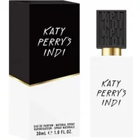 White Katy Perry Indi Eau De Parfum bottle with black textured cap and matching black box.