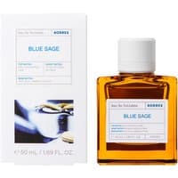 "Korres Blue Sage Eau De Toilette 50ml in amber square bottle with white cap, next to white box with blue text"