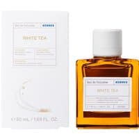 Korres White Tea Eau De Toilette 50ml, amber square bottle with white cap, matching white box with gold accents.