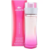 Lacoste Touch Of Pink Eau De Toilette 50ml, pink gradient bottle with white cap, beside matching pink box.