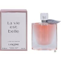 Lancome La Vie Est Belle Eau de Parfum 100ml, clear bottle with pink liquid, silver cap, and gray ribbon detail.