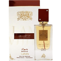 Lattafa Ana Abiyedh Rogue EDP 60ml, rectangular glass bottle with gold emblem, red cap, and matching box.