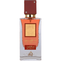 Lattafa Ana Abiyedh Scarlet perfume, 60ml, clear rectangular bottle with red cap and gold label.