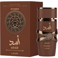 Lattafa Asad Bourbon Eau De Parfum, 100ml, brown bottle with gold accents and ornate emblem, matching box.