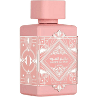 Lattafa Badeâe Al Oud Noble Blush Eau De Parfum, pink square bottle with ornate white geometric design, 100 ml.