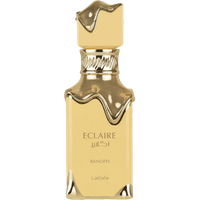 Lattafa Ãclaire Banoffi Eau de Parfum 100ml, gold bottle with dripped metallic cap design.