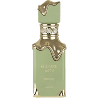 Green Lattafa Ãclaire Pistache Eau de Parfum 100ml bottle with gold accents and ornate cap design.