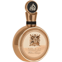 Lattafa Fakhar Gold Eau De Parfum, 100ml, round gold bottle with ornate crest and black cap detailing.