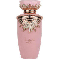 Lattafa Haya Eau de Parfum, 100ml pink bottle with gold decorative cap and accents.
