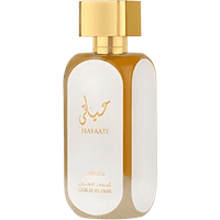Lattafa Hayaati Gold Elixir Perfumed Water, 100ml, gold and white bottle with Arabic script and gold cap